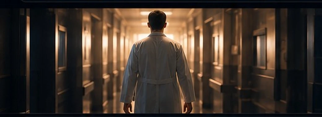 Profissional de saúde caminhando por um corredor hospitalar iluminado